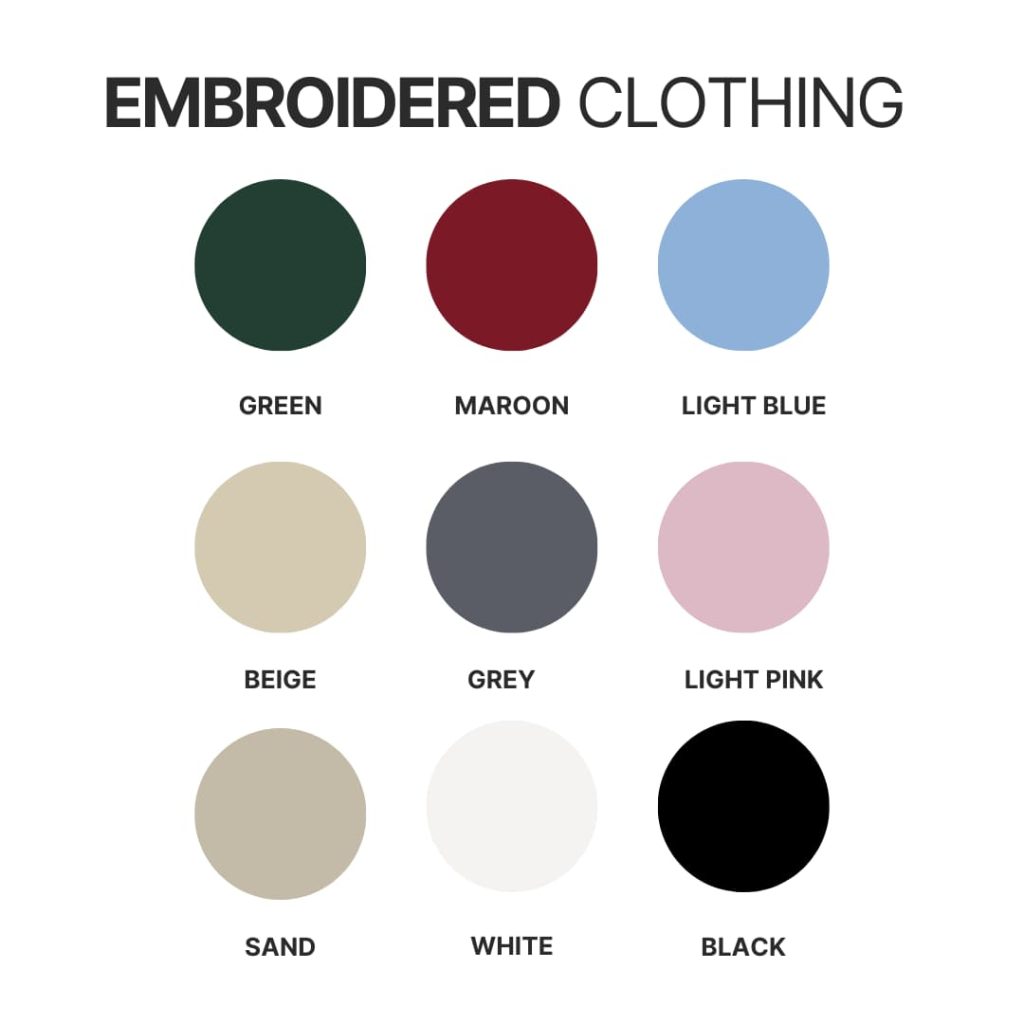 Embroidered clothing color chart 1 - Pug Shop UK